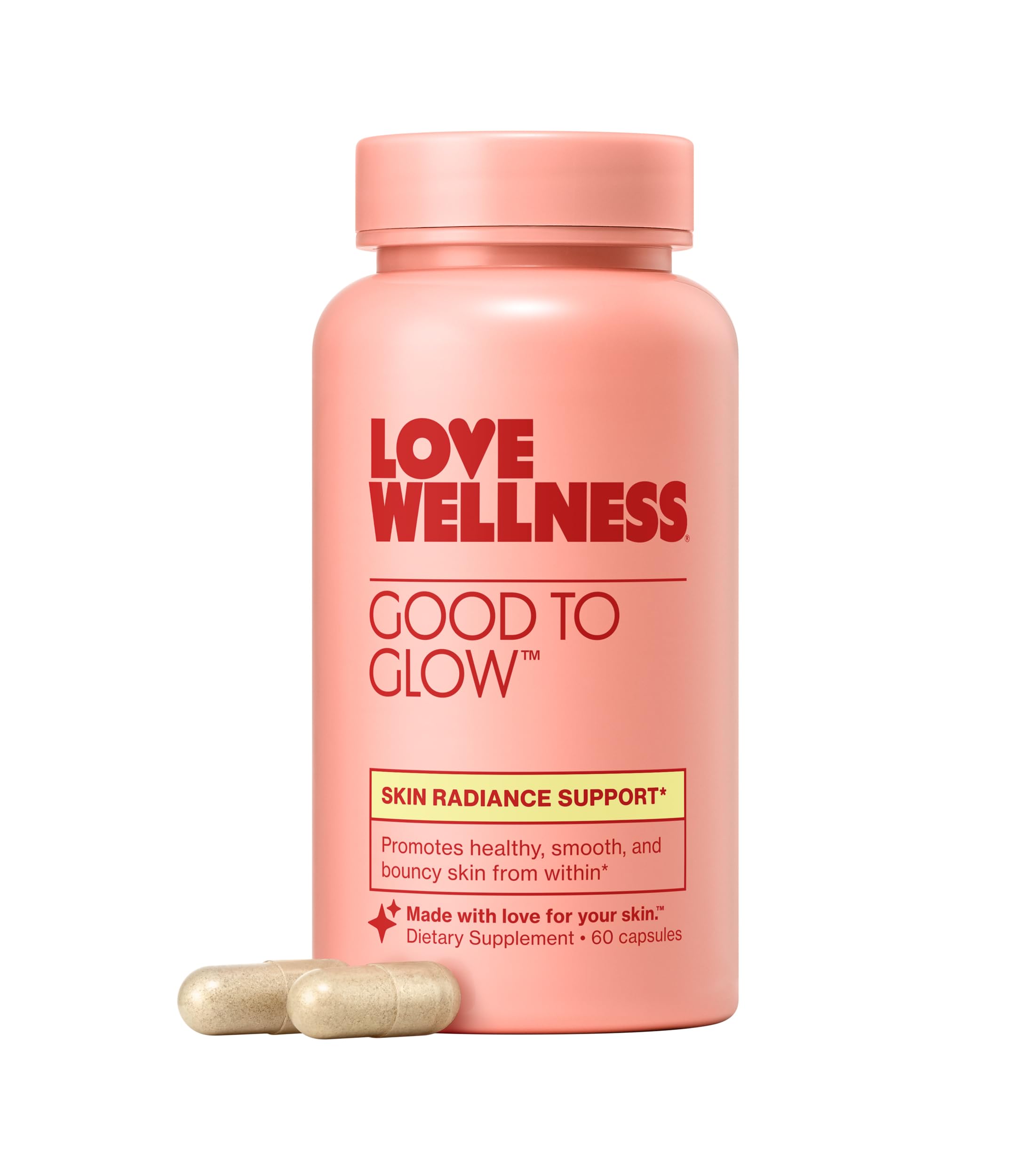 Love Wellness Good to Glow bottle front supports daily skin radiance.