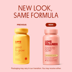 Love Wellness Good to Glow capsules pour demonstrates easy daily intake.