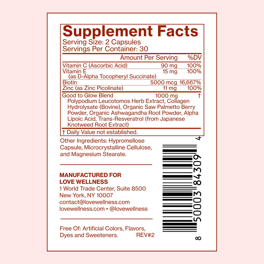 Love Wellness Good to Glow natural blend supports healthy-looking skin tone.