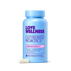 Love Wellness Gut Feelings probiotic bottle front promoting daily gut health