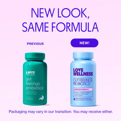 Closeup of Love Wellness Gut Feelings capsule highlighting 3 Billion CFU potency