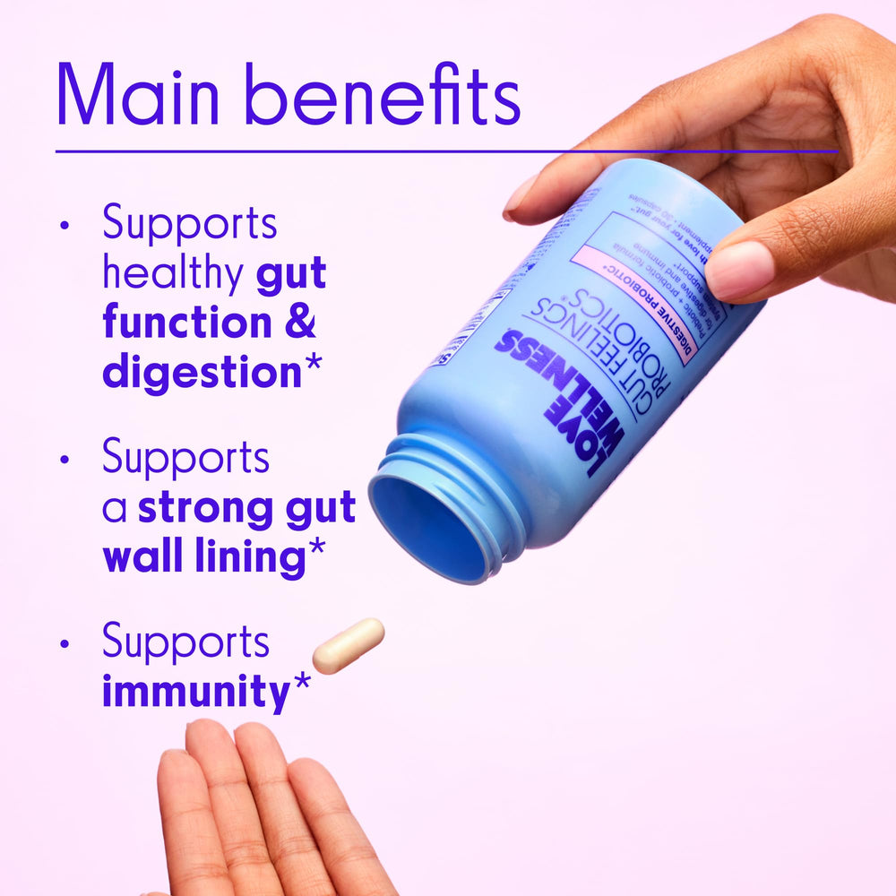 Label render of Love Wellness Gut Feelings showing dairy-free, gluten-free, vegetarian formula