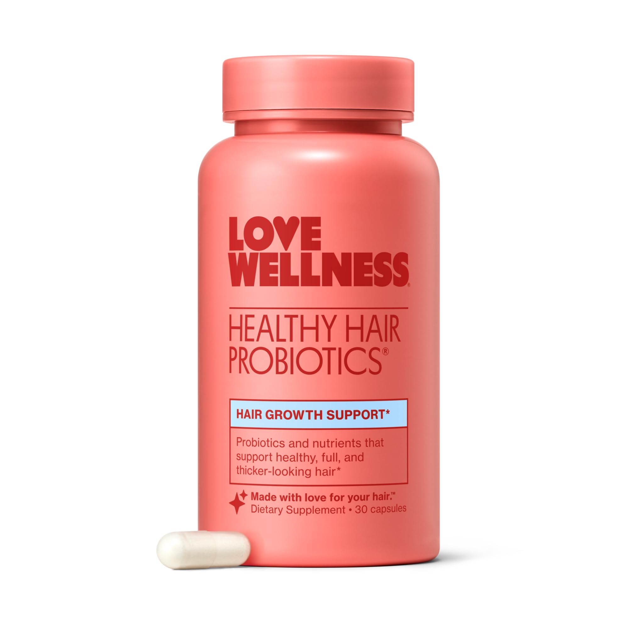 Love Wellness Healthy Hair Probiotics bottle for daily use supporting hair health.