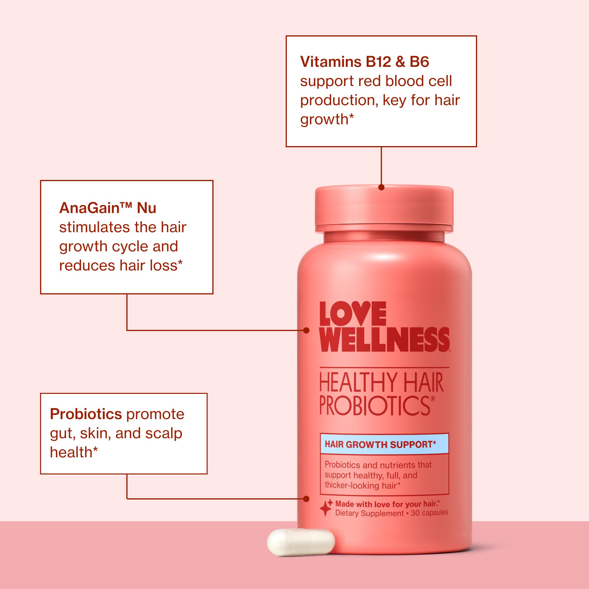 Love Wellness Healthy Hair Probiotics daily dose shown with clear benefits in mind.
