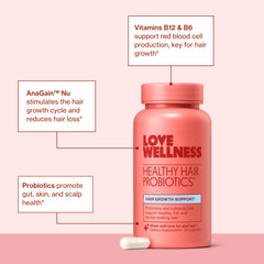 Love Wellness Healthy Hair Probiotics daily dose shown with clear benefits in mind.
