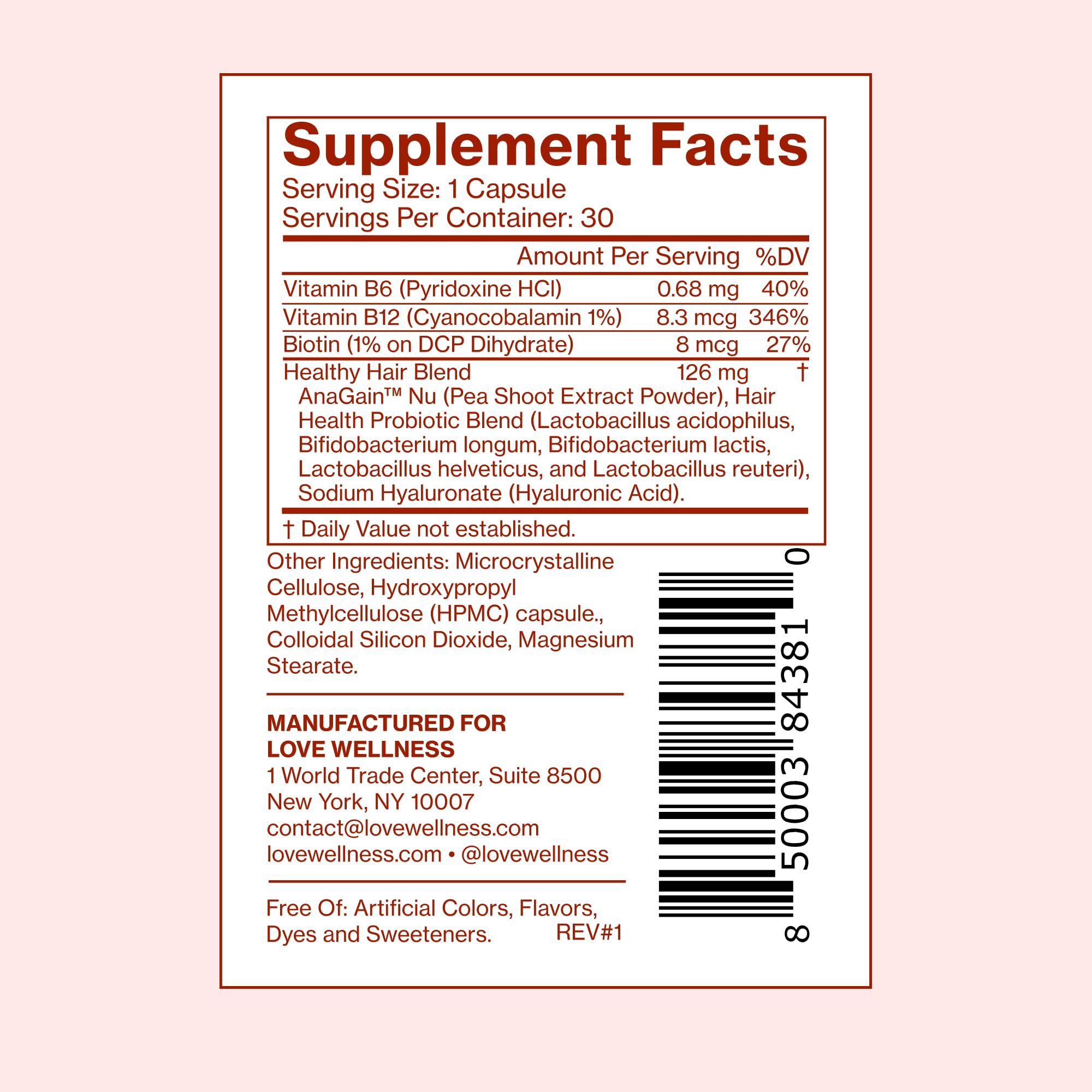 Love Wellness Healthy Hair Probiotics ingredient-list closeup including pea-derived AnaGain Nu.