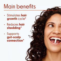 Love Wellness Healthy Hair Probiotics label closeup featuring Biotin and B vitamins.