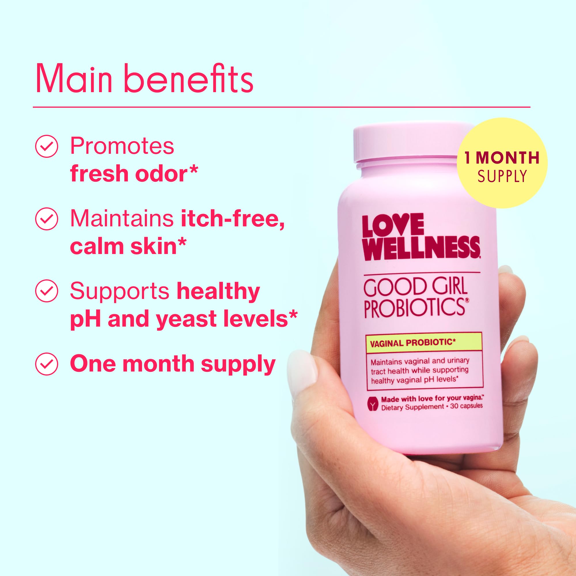 Love Wellness Healthy V Vitamin bottle front view highlighting immune support and Candida balance.