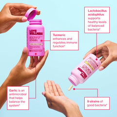 Love Wellness Healthy V Vitamin ingredients display featuring grapefruit and turmeric benefits.