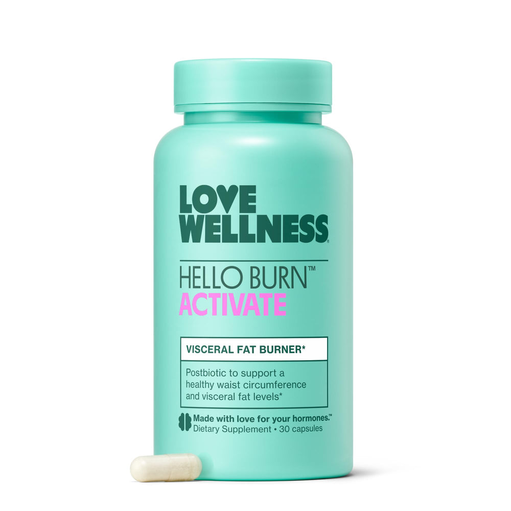Love Wellness Hello Burn Activate bottle front highlighting visceral fat support.