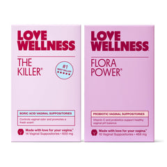 Love Wellness The Killer and Flora Power box front shows the fragrance-free duo for balanced intimate health.