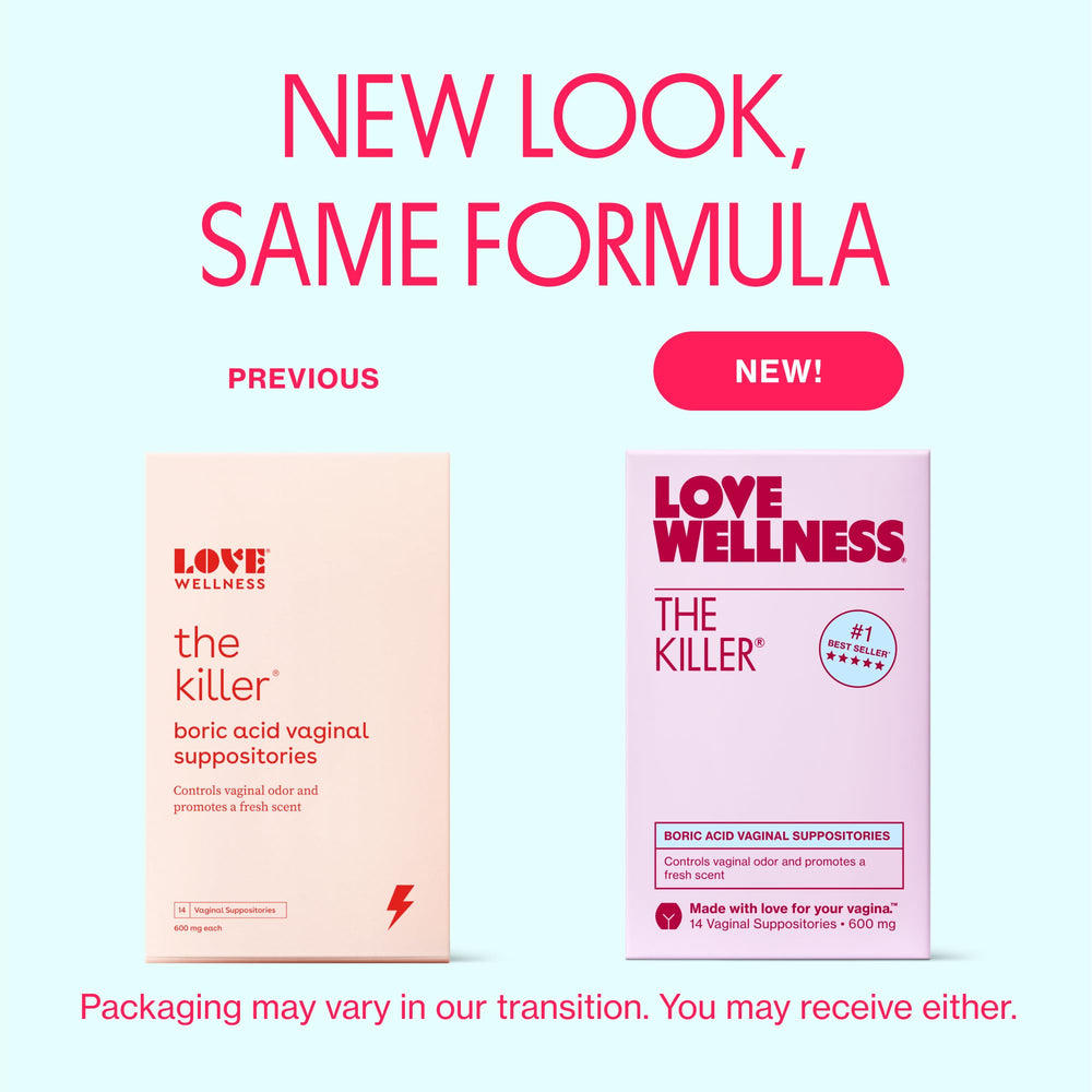 Love Wellness The Killer packaging highlights boric acid suppositories for nightly use.