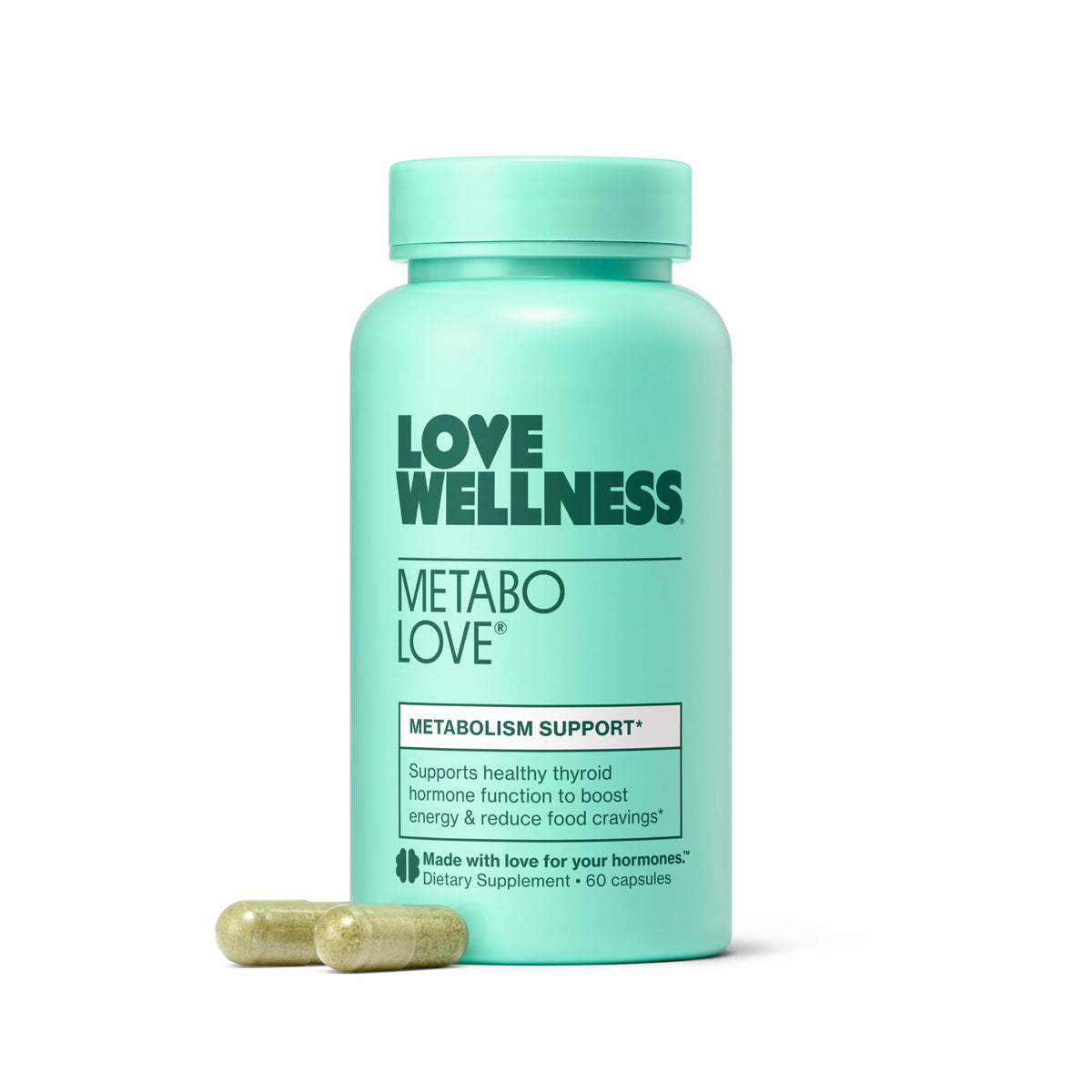 Love Wellness Metabolove bottle front showing stimulant-free metabolism support for women.
