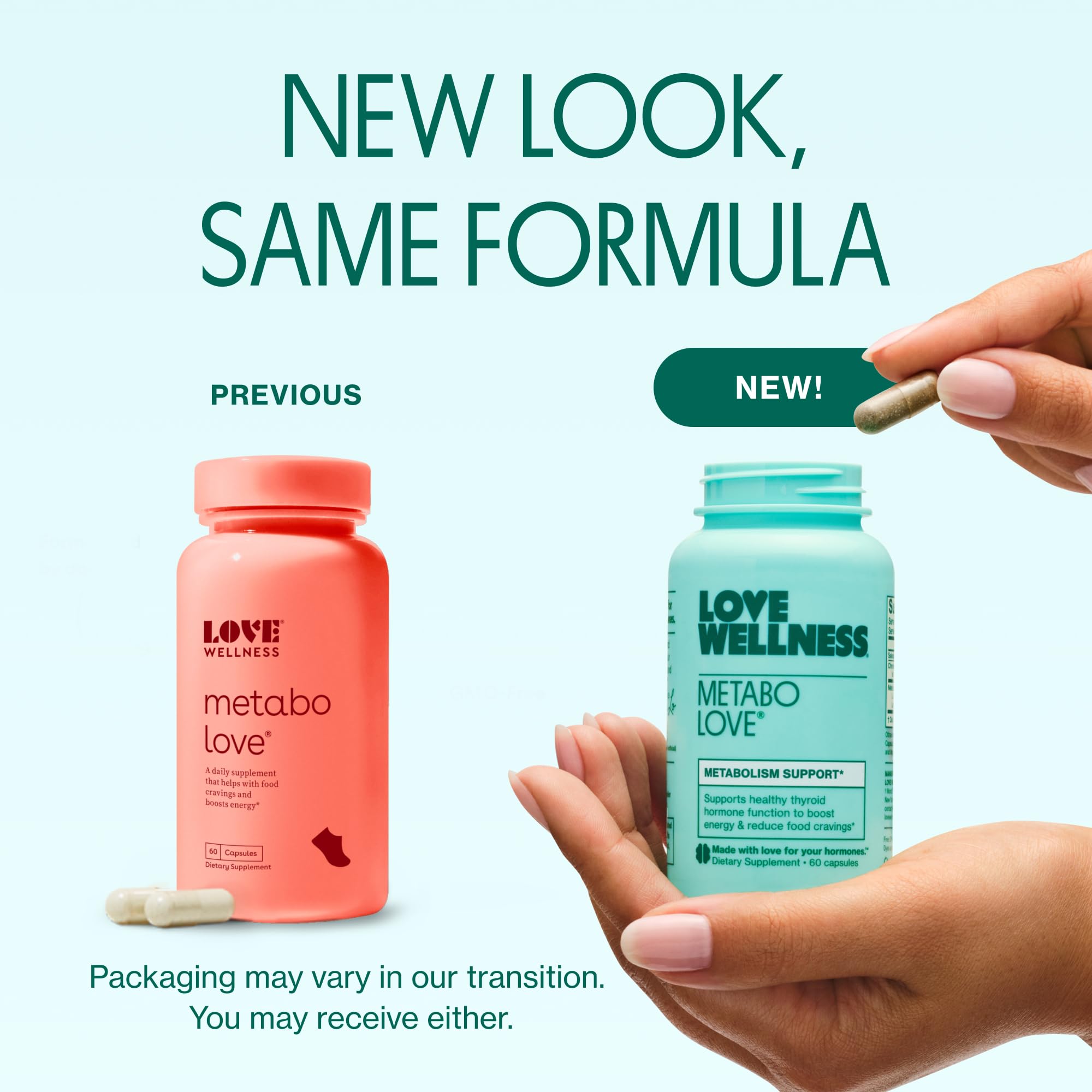 Love Wellness Metabolove bottle side highlights vegan, gluten-free formula for busy women.