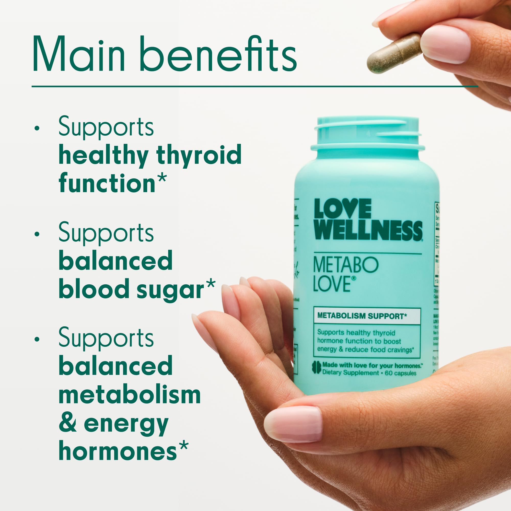 Love Wellness Metabolove capsules close-up emphasizes green tea and selenium benefits.
