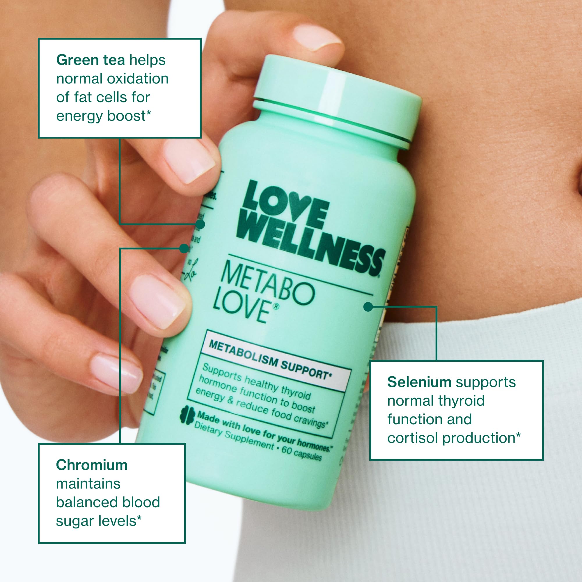 Love Wellness Metabolove label close-up showcases non-stimulant energy support.