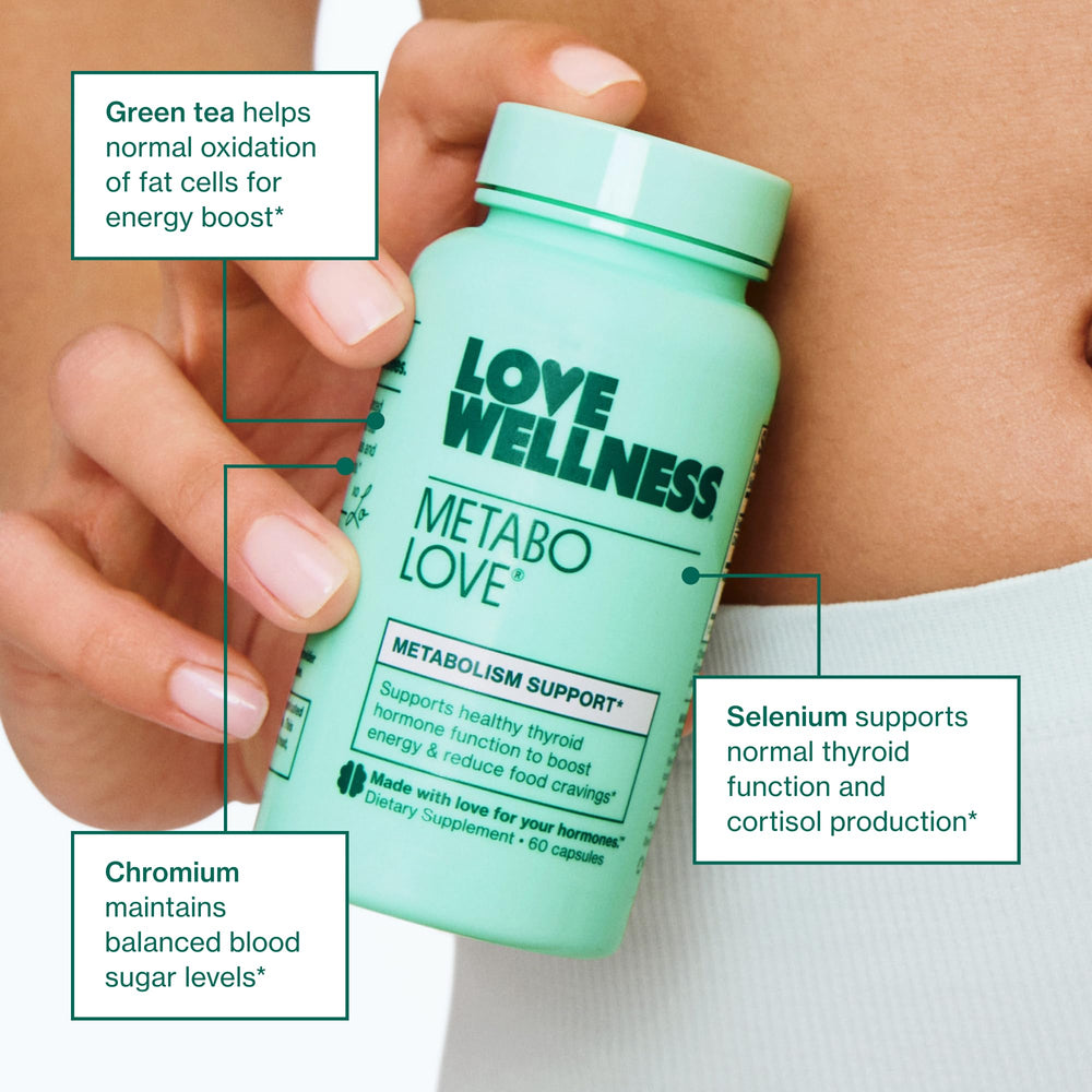 Love Wellness Metabolove label close-up showcases non-stimulant energy support.