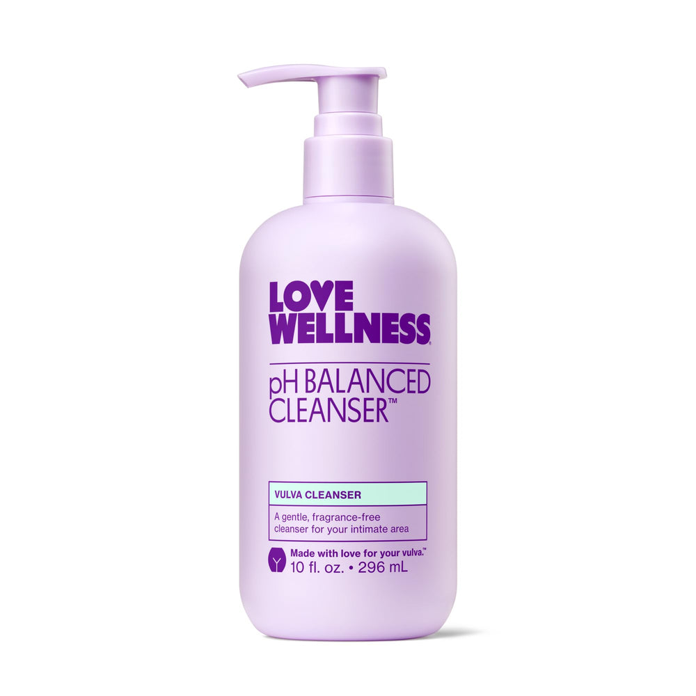 Love Wellness pH Balancing Cleanser bottle shows fragrance-free, pH-friendly formula for sensitive skin