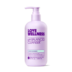 Love Wellness pH Balancing Cleanser bottle shows fragrance-free, pH-friendly formula for sensitive skin