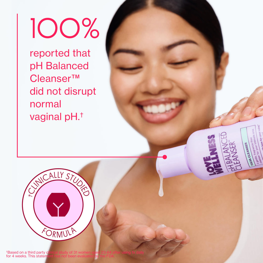 Love Wellness pH Balancing Cleanser lather in hand, gentle foaming.