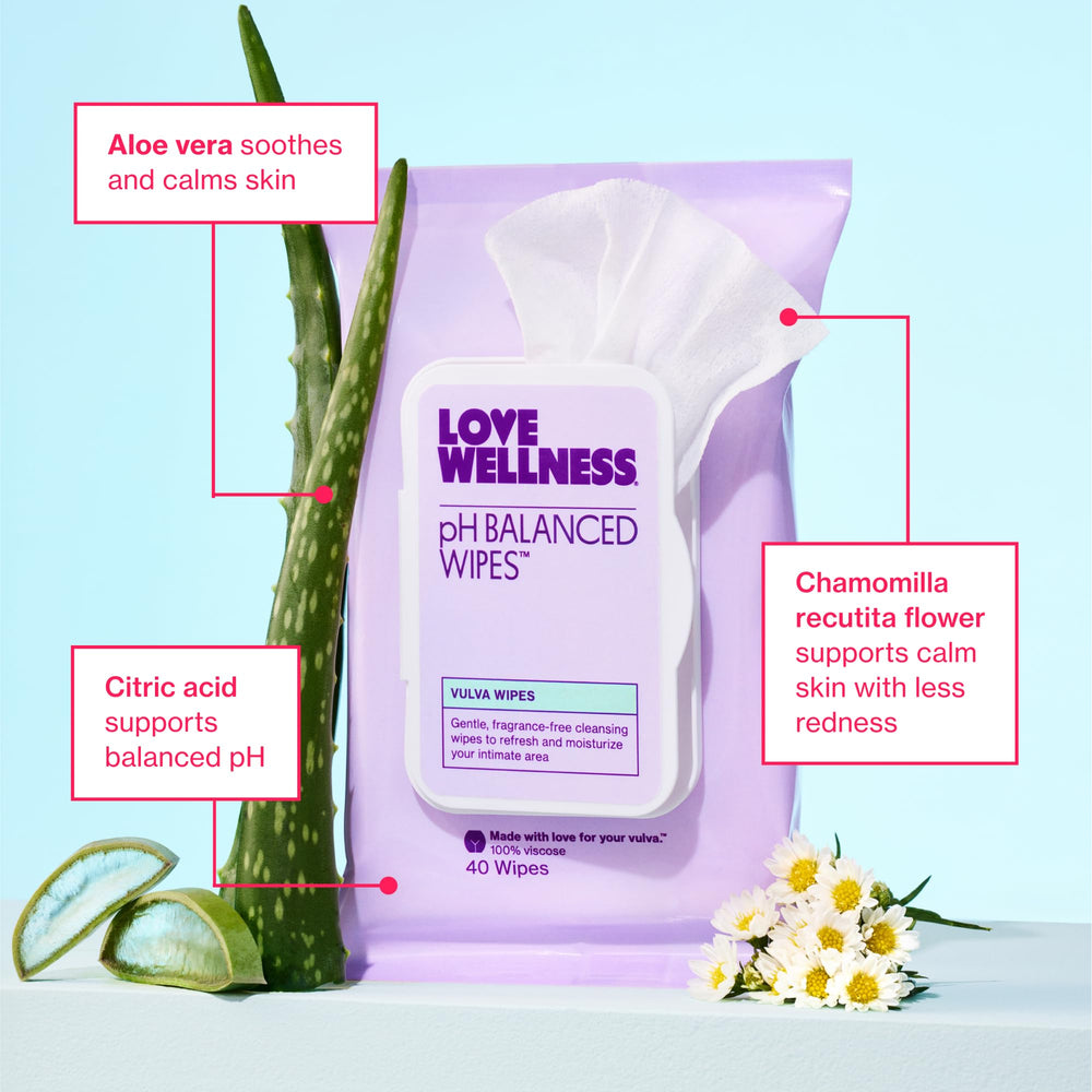 Love Wellness pH Balancing Wipes pack shows skin-friendly, non-GMO formula