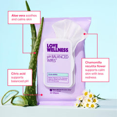 Love Wellness pH Balancing Wipes pack shows skin-friendly, non-GMO formula