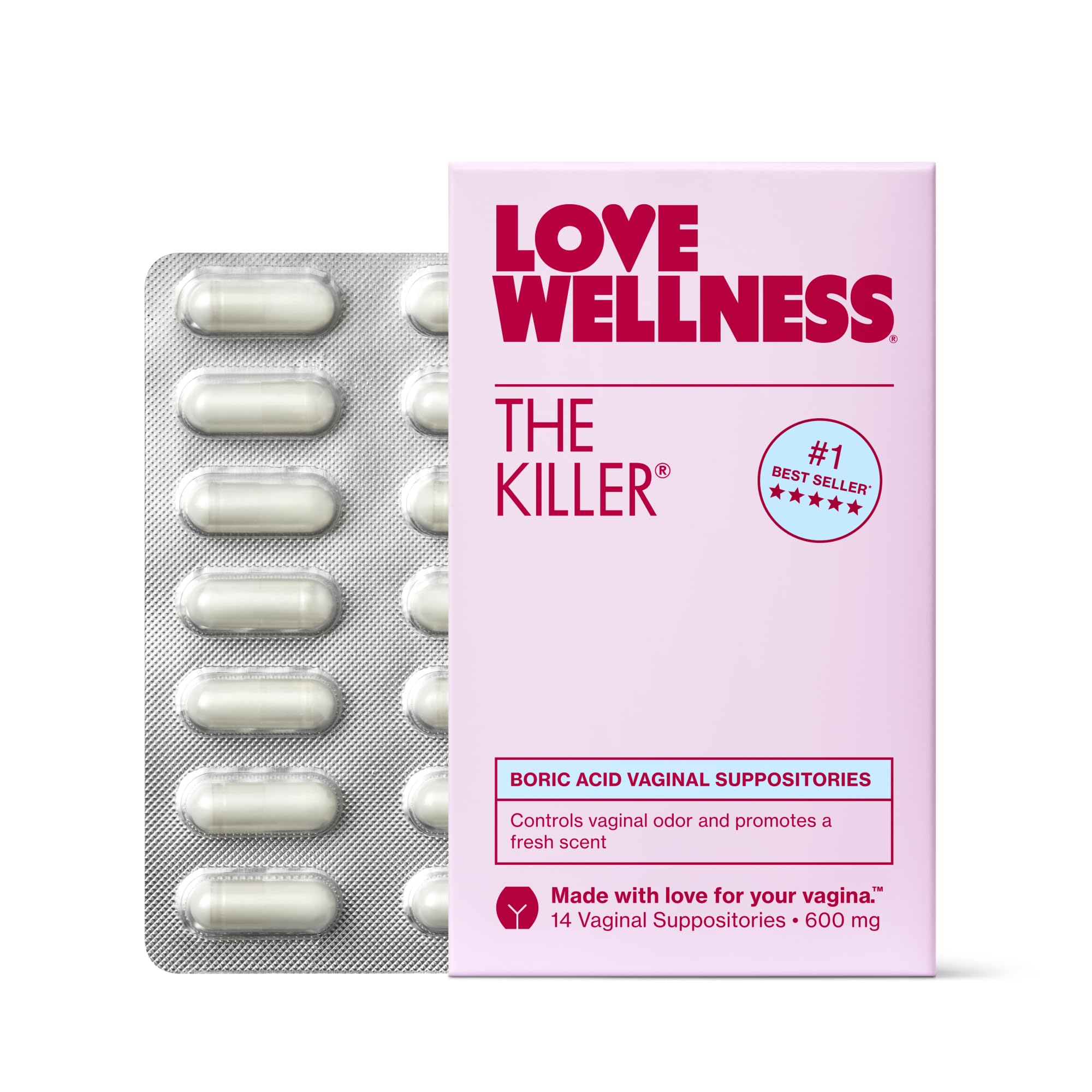 Love Wellness The Killer 14-count boric acid suppositories packaging for vaginal pH balance.