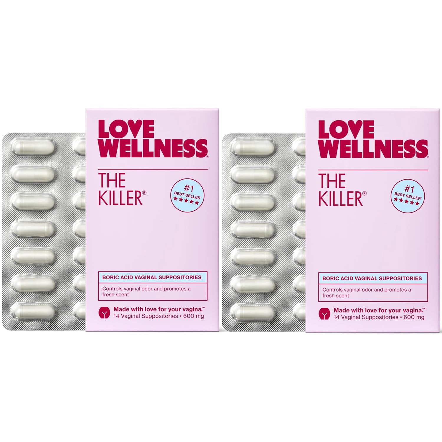 Love Wellness The Killer pack front showing fragrance-free boric acid suppositories for vaginal balance.