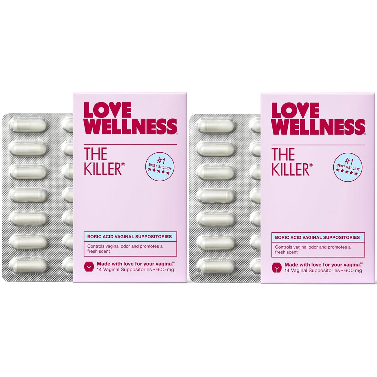 Love Wellness The Killer pack front showing fragrance-free boric acid suppositories for vaginal balance.