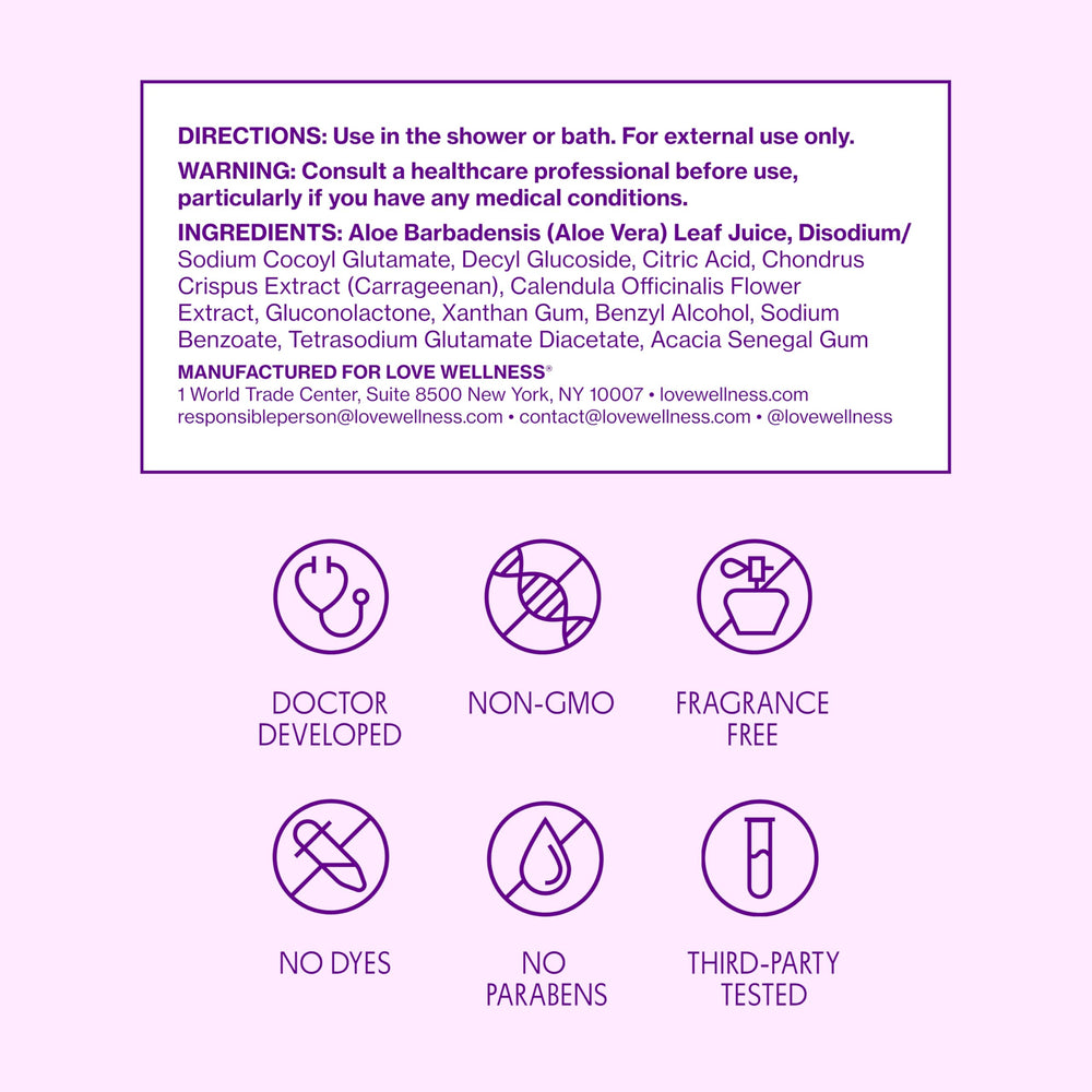 Vegan and cruelty-free logo on Love Wellness pH Balancing Cleanser packaging