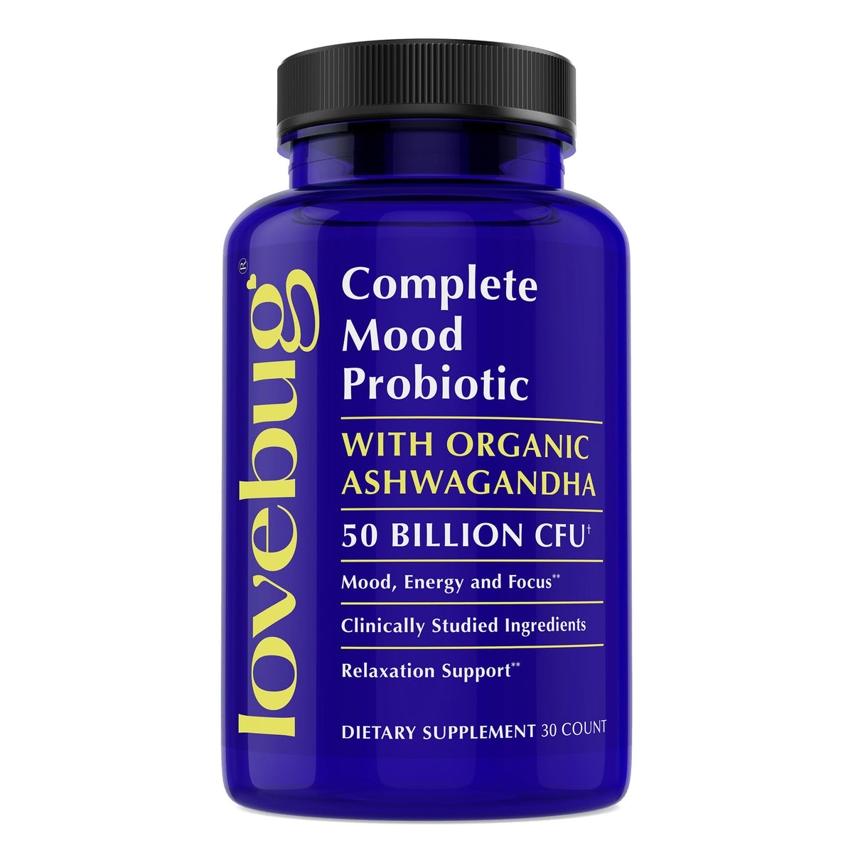 LoveBug mood probiotics bottle pour for daily balance and mood support