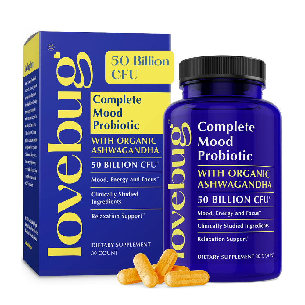 LoveBug mood probiotics capsules close-up illustrating easy daily use