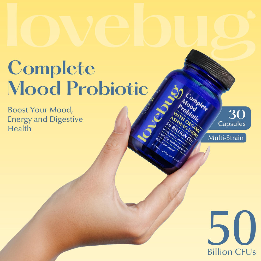LoveBug complete mood probiotics ingredients label highlighting strains and Ashwagandha
