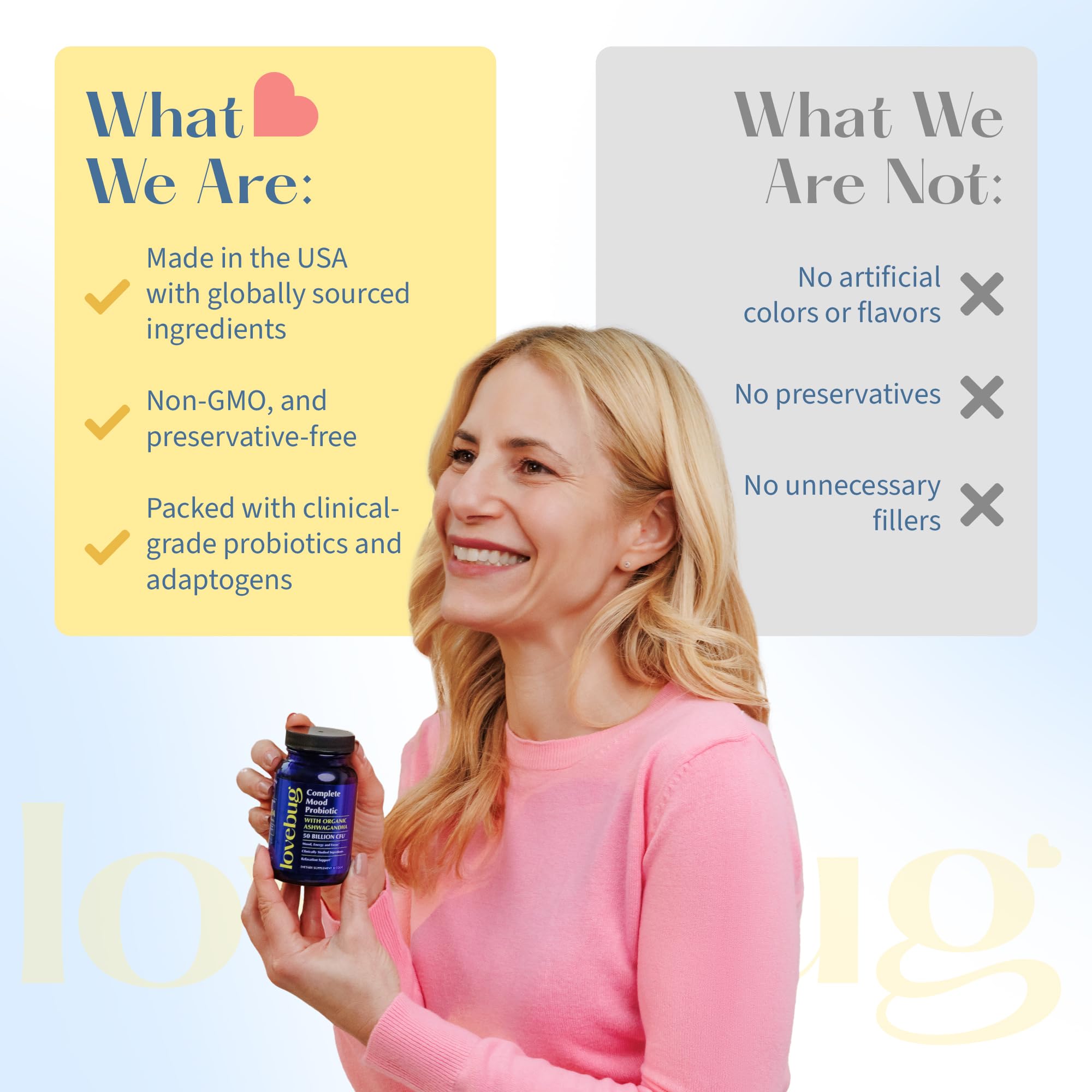 LoveBug mood probiotics box showing 50B CFU and 10 strains on label