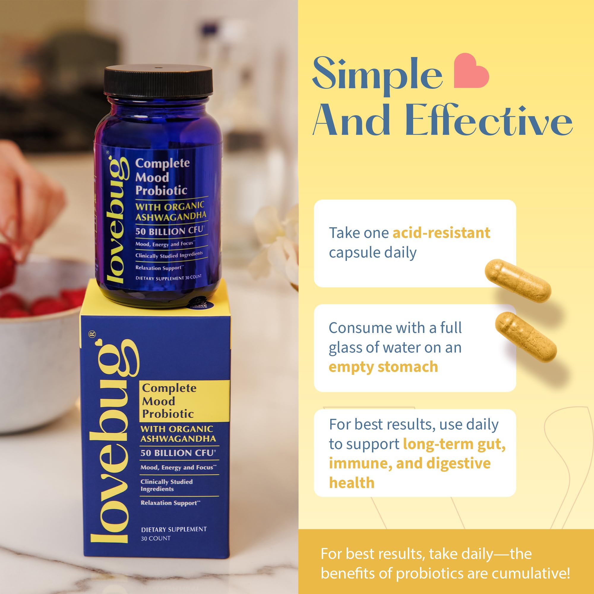 LoveBug mood probiotics lifestyle shot suggesting a calm, balanced day