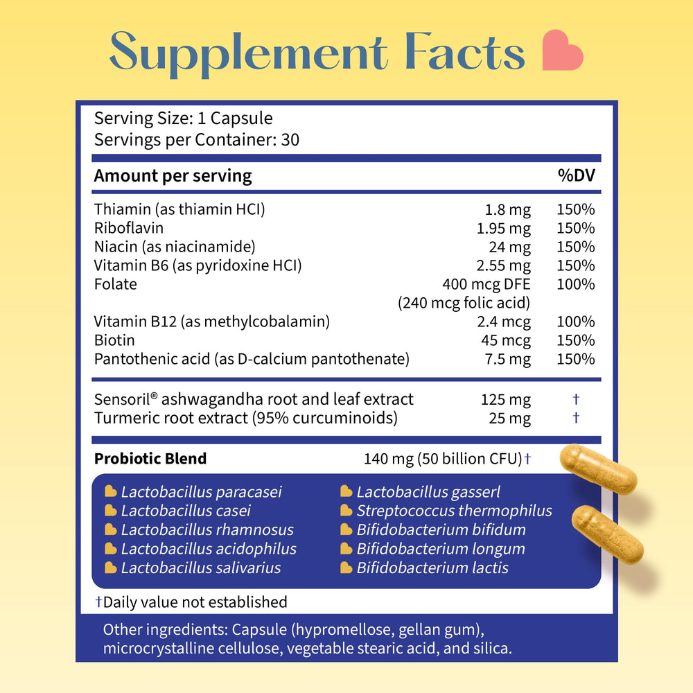 LoveBug mood probiotics capsules beside a peaceful morning routine scene