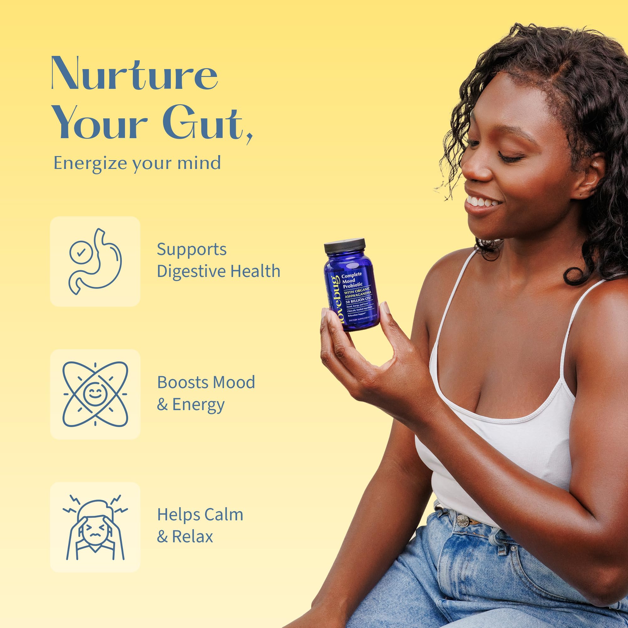 LoveBug complete mood probiotics packaging with calming colors and Ashwagandha imagery