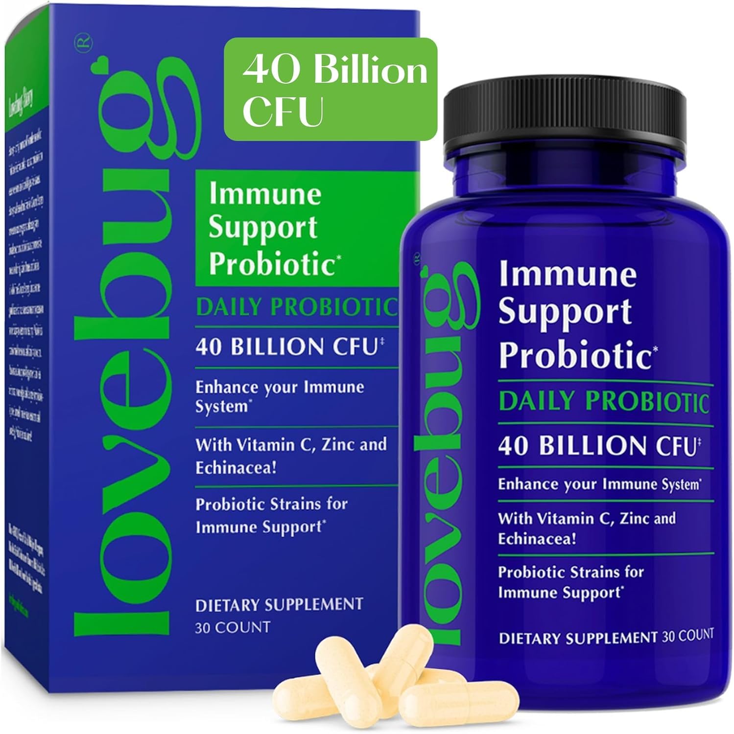 LOVEBUG Immune Support bottle front showing multi‑strain probiotic design and branding for gut balance