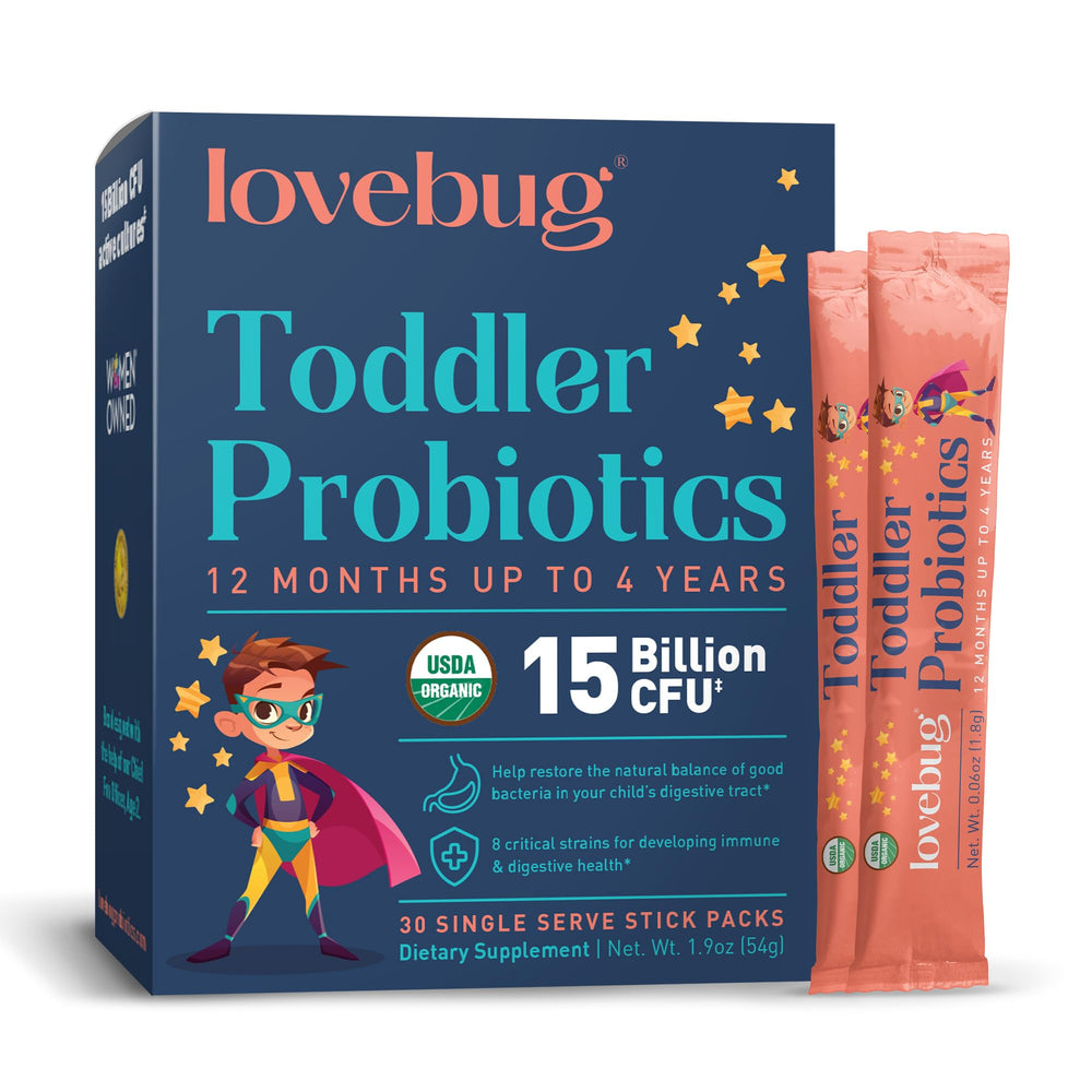 Lovebug Kids Probiotic Powder tub front, promotes toddler gut health.