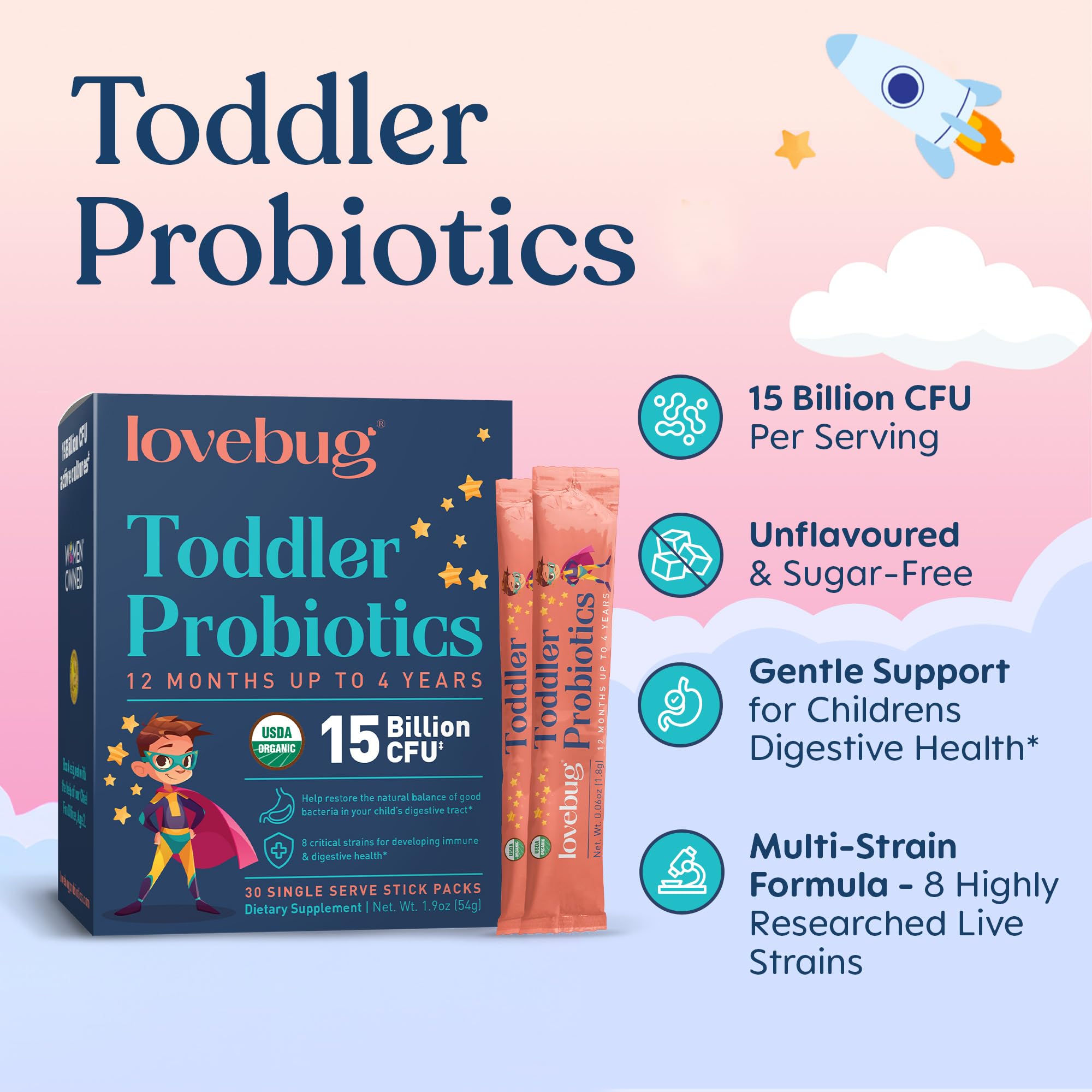 Lovebug Kids Probiotic Powder unflavored dissolves instantly for mixing.