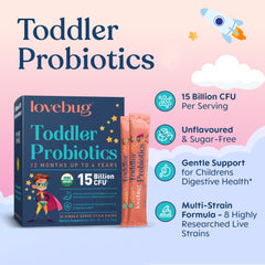 Lovebug Kids Probiotic Powder unflavored dissolves instantly for mixing.