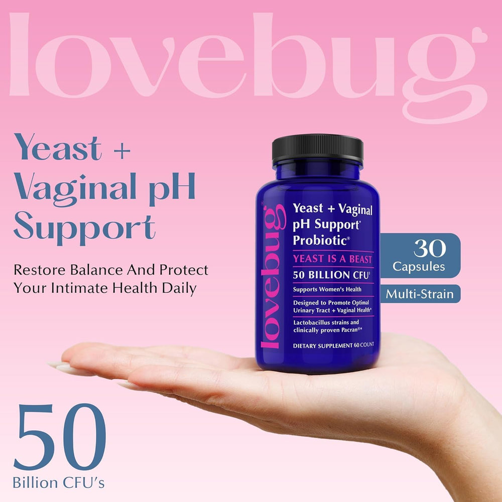 Lovebug multi-strain probiotic capsule with five strains promotes feminine microbiome diversity.