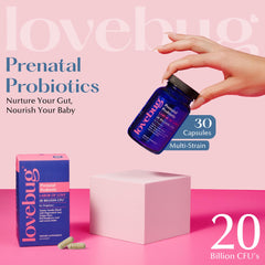 LoveBug Prenatal capsules close-up, convenient daily use.