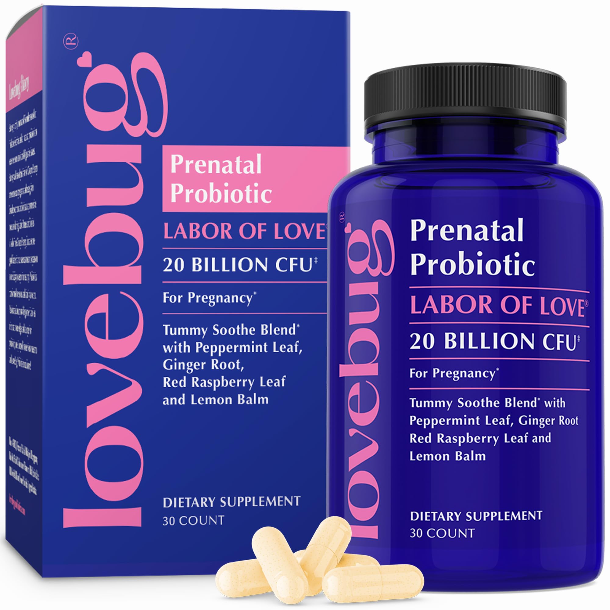 LoveBug Prenatal probiotic bottle highlighting 20B CFU for digestive balance during pregnancy.