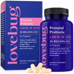 LoveBug Prenatal probiotic bottle highlighting 20B CFU for digestive balance during pregnancy.
