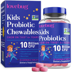 LOVEBUG Probiotics for Kids berry chews bottle promotes daily gut balance.