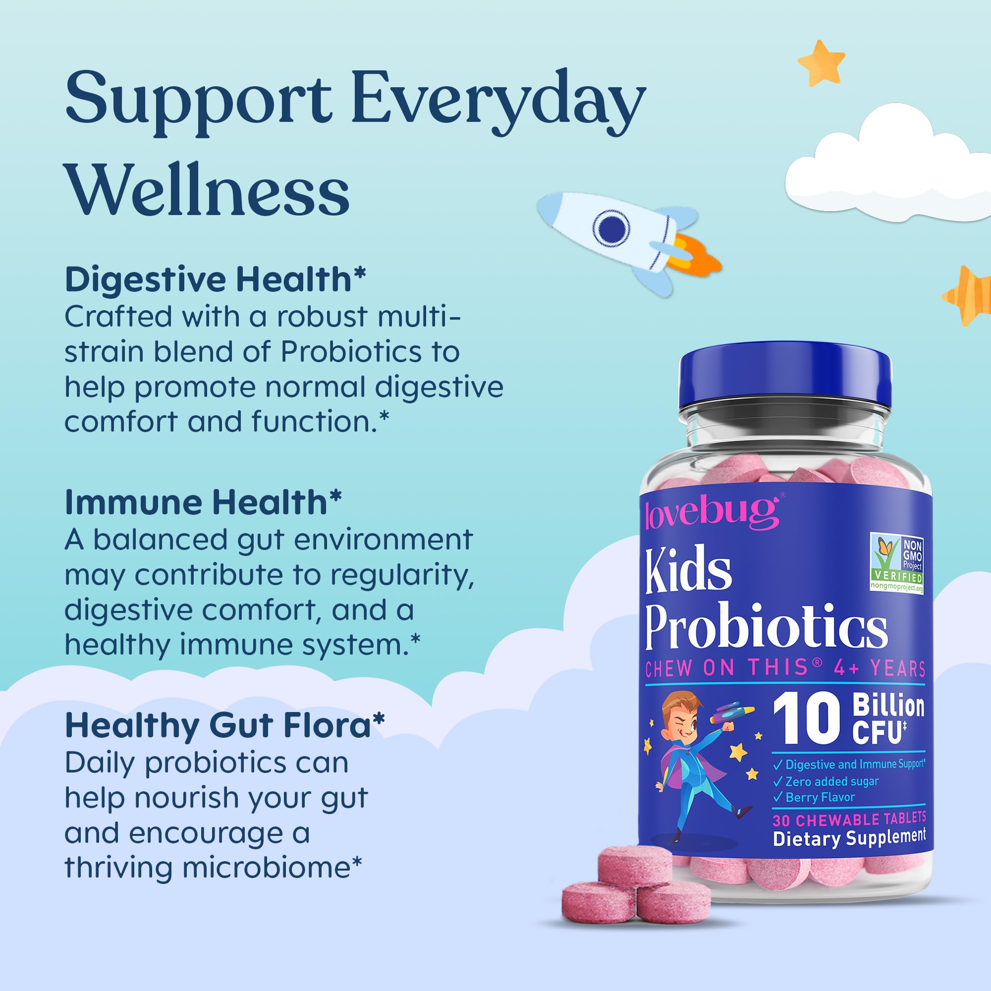 LOVEBUG packaging showcases berry flavor and allergen-free promise for children.