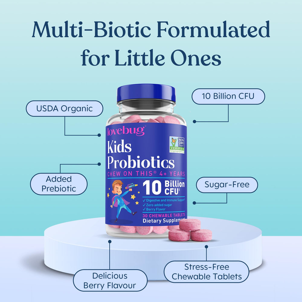 Sugar-free badge on LOVEBUG Kids Chewables supports guilt-free daily snacking.