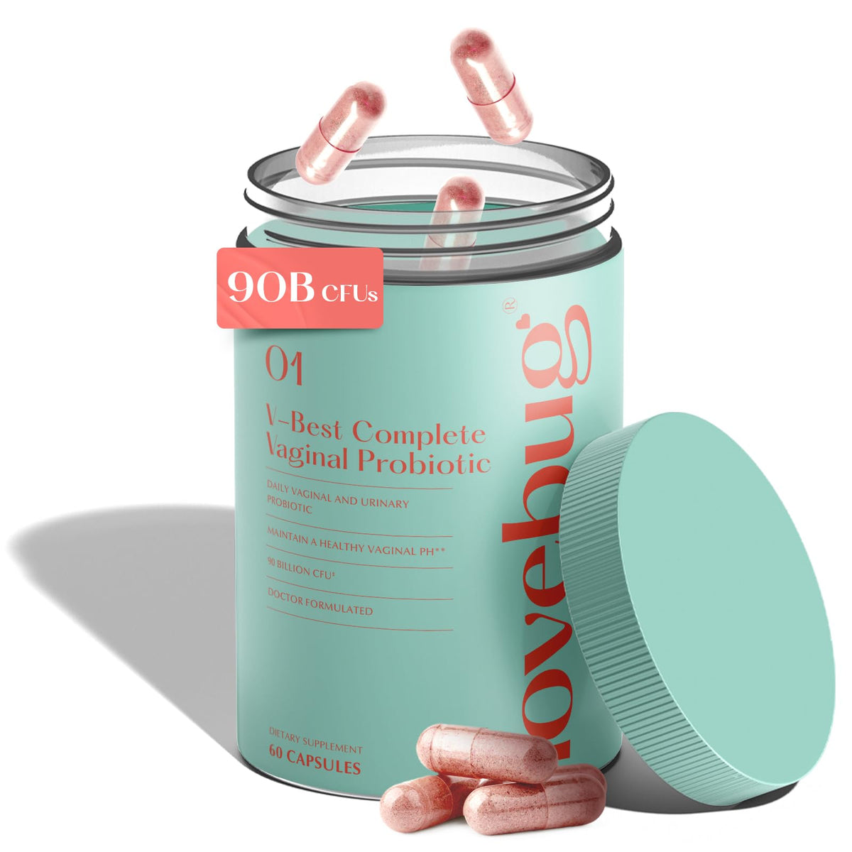 LoveBug V-Best bottle front with capsules supporting vaginal balance.