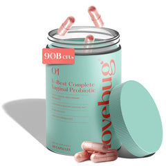 LoveBug V-Best bottle front with capsules supporting vaginal balance.